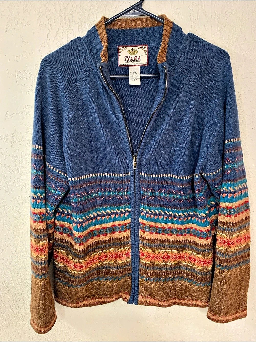 Tiara International Geometric Zip-Up Sweater in Blue & Brown Medium